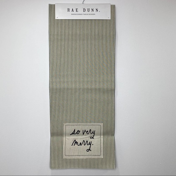 Rae Dunn SO VERY MERRY Embroidered Striped Table Runner NEW - Picture 1 of 5